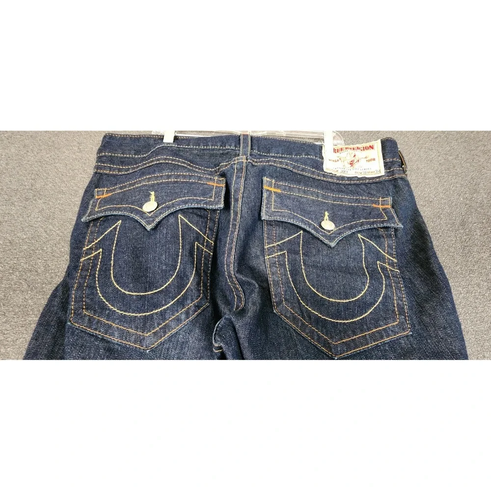 True Religion Joey Flare Jeans Mens 38x30 Raw Denim Made in USA Orange‎ Stitch